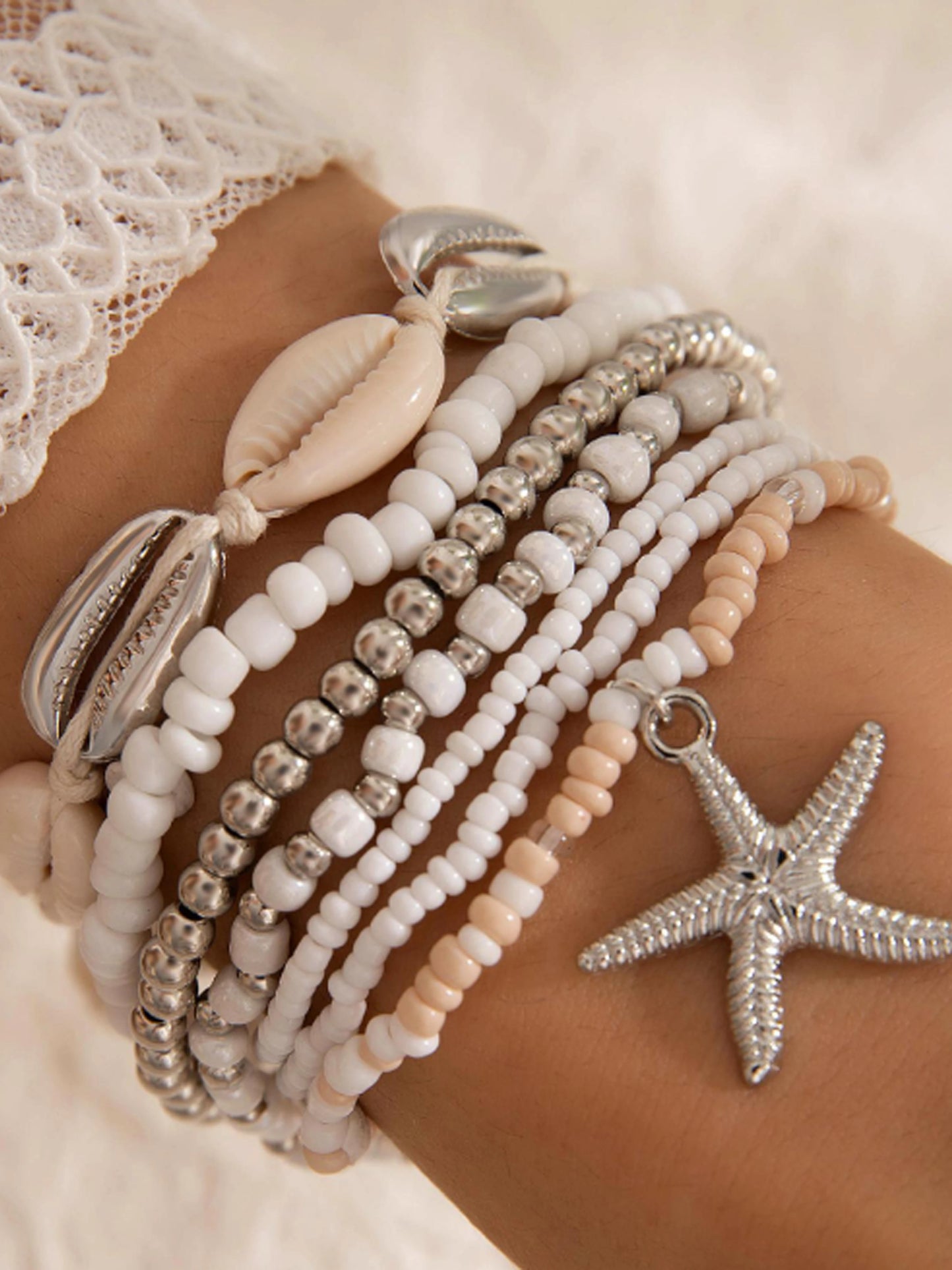 Fashion trend summer fresh seashell starfish rice bead bracelet 7-piece set, beach travel holiday deluxe sense of everything chi