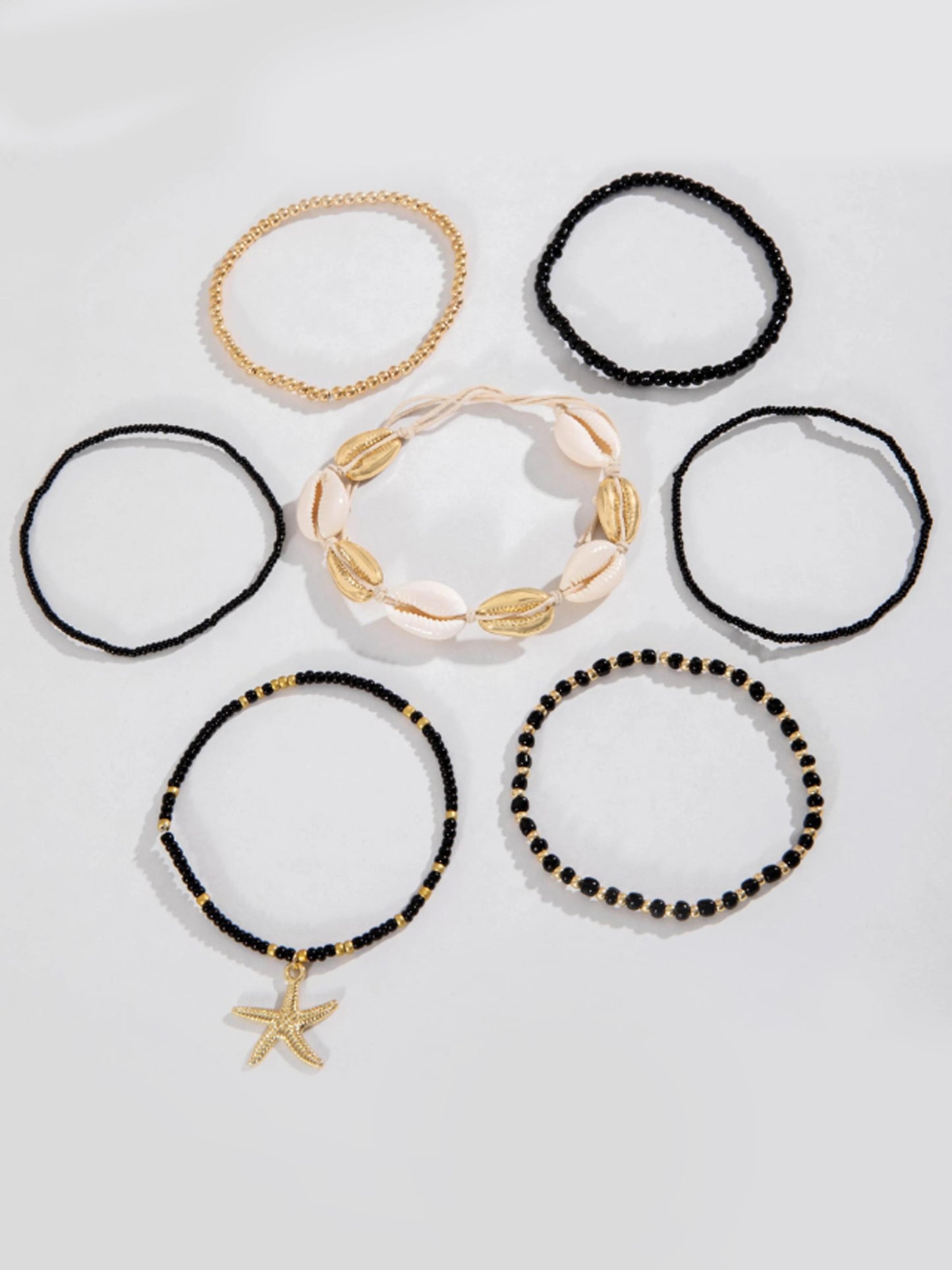 Fashion trend summer fresh seashell starfish rice bead bracelet 7-piece set, beach travel holiday deluxe sense of everything chi