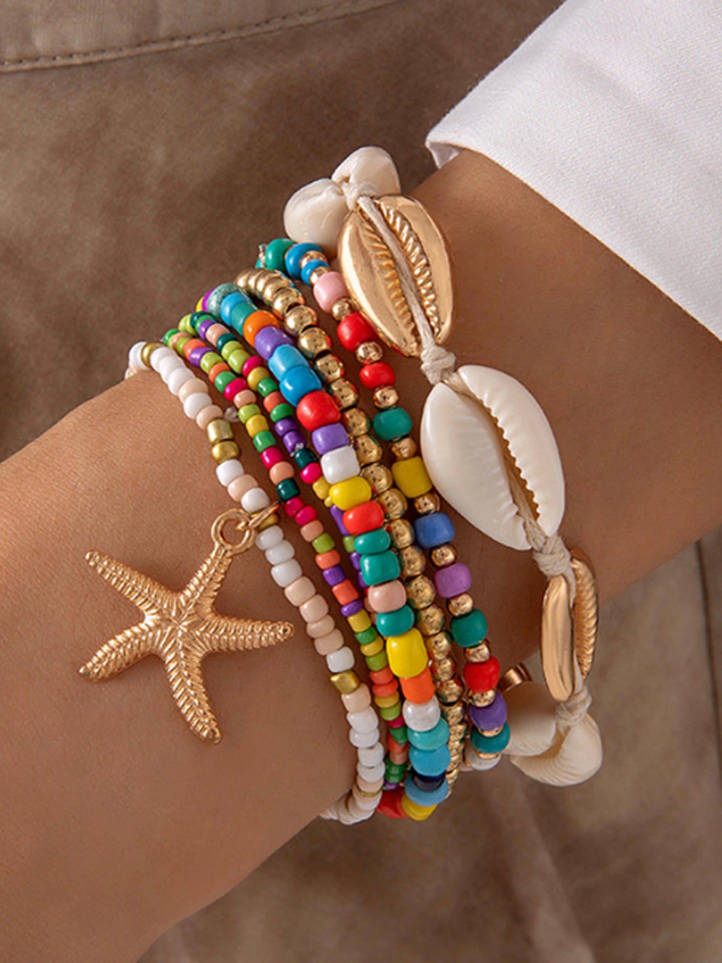 Fashion trend summer fresh seashell starfish rice bead bracelet 7-piece set, beach travel holiday deluxe sense of everything chi