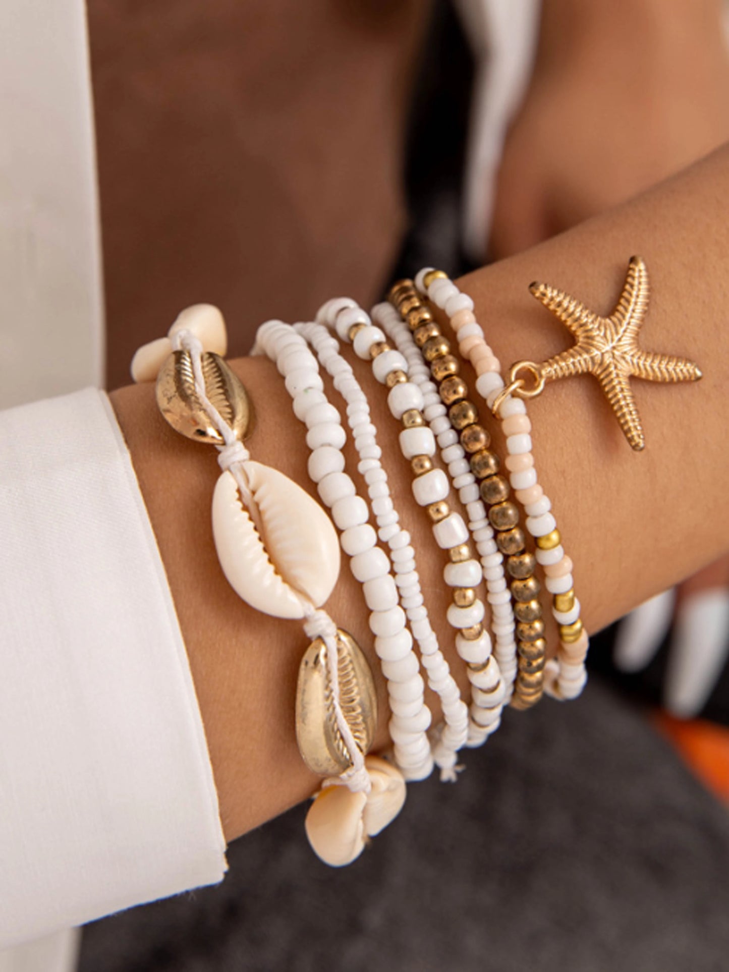 Fashion trend summer fresh seashell starfish rice bead bracelet 7-piece set, beach travel holiday deluxe sense of everything chi