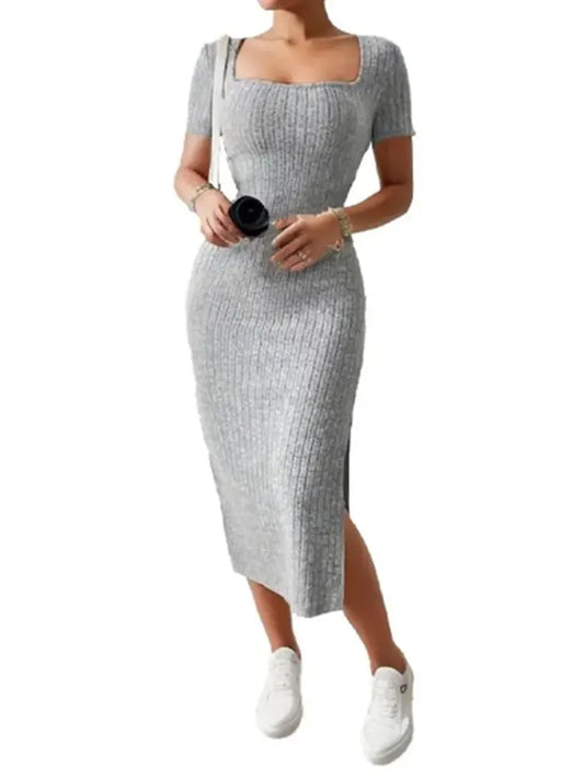 Summer Elegance – Square Neck Knitted Slit Dress | DressBeats Chic