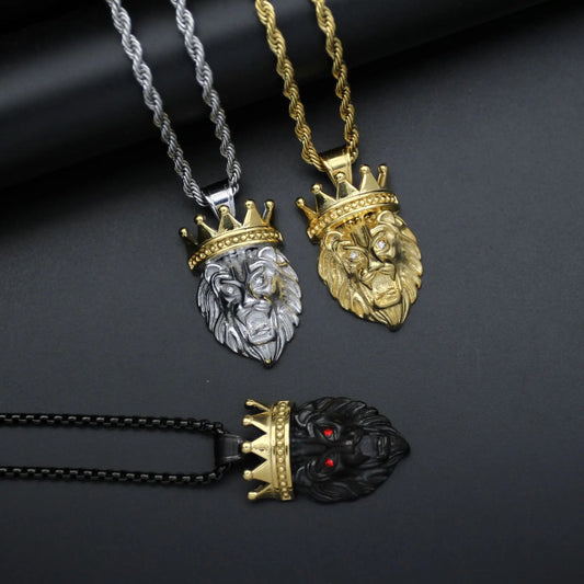 Regal Roar: Men's Gold Lion Crown Pendant Necklace – 316L Stainless Steel Hip-Hop Jewelry"