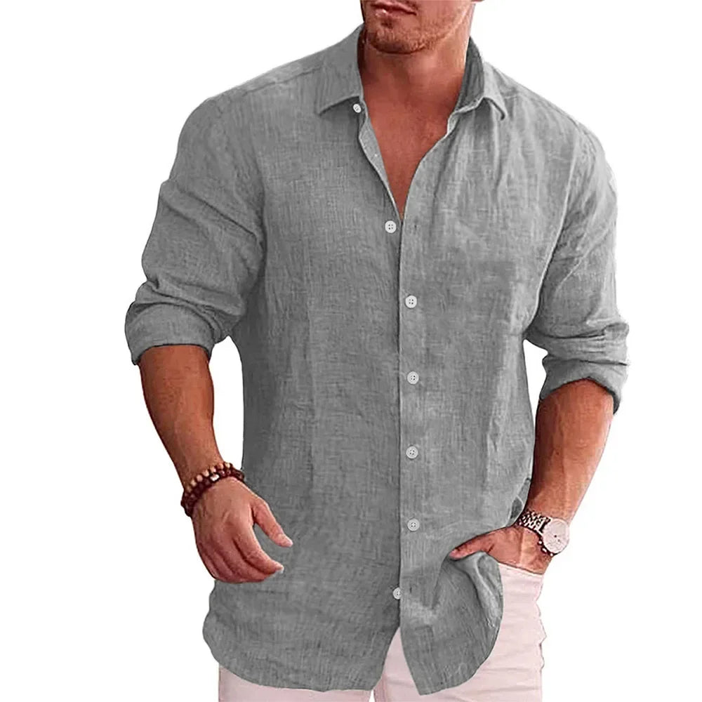 DRESSBEATS Cotton - Linen Men's Shirt – Classic Solid Long Sleeve, Casual Comfort, Plus Sizes - DRESSBEATS