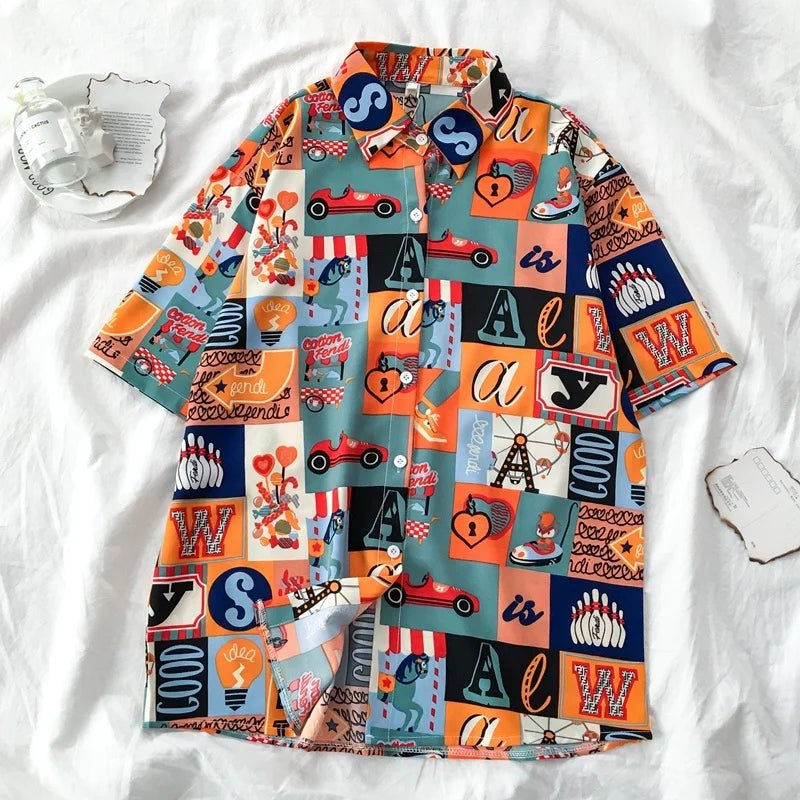 TROPICAL VIBES: Men’s Hawaiian Cartoon Print Casual Beach Shirt - DRESSBEATS